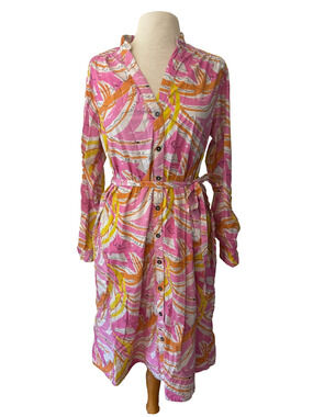 Vera by Anthropologie Shirt Dress Women’s Medium Pink Orange Abstract Print Belt
